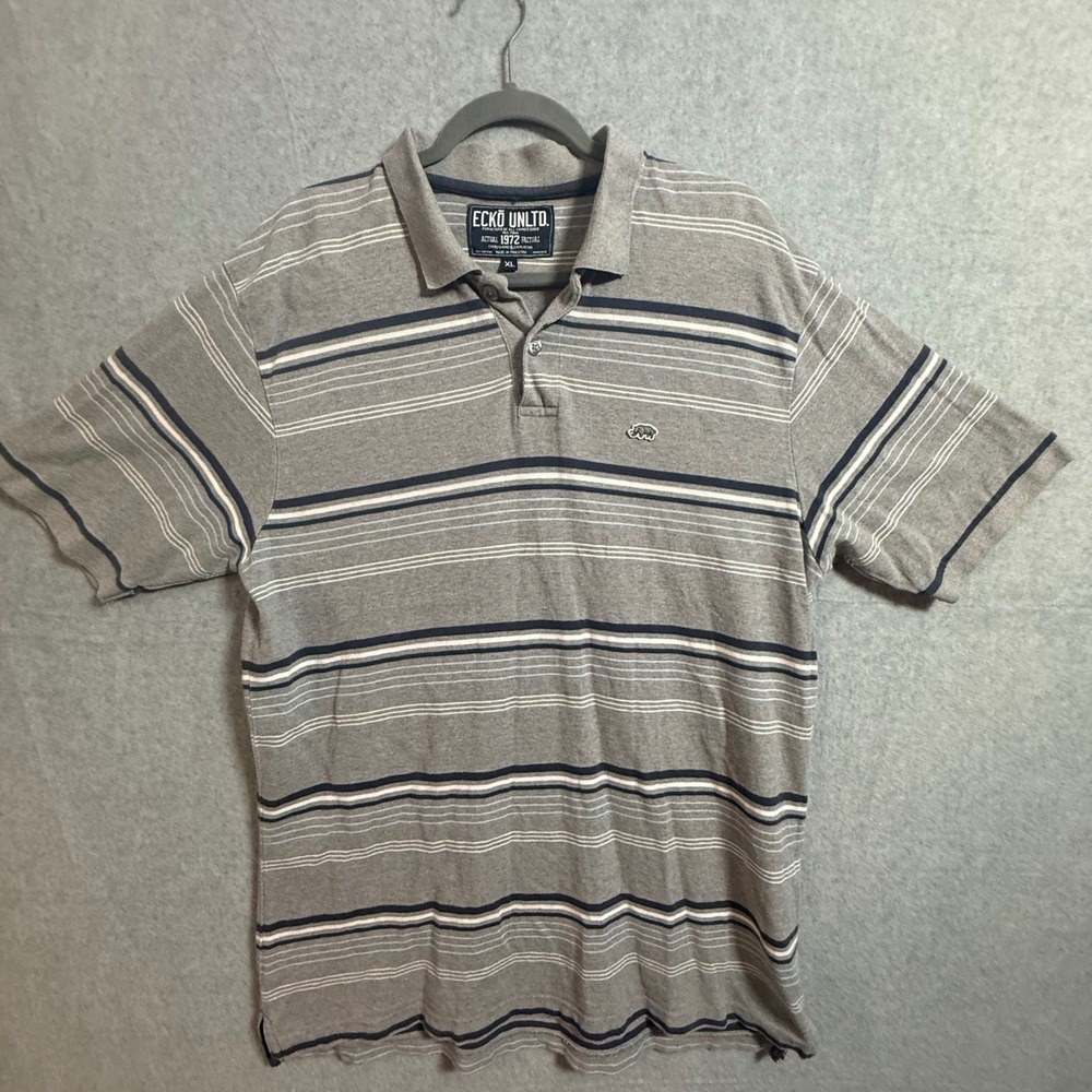 Ecko Unltd Mens XL Grey Striped Short Sleeve Polo Shirt Rhino Logo 100% Cotton